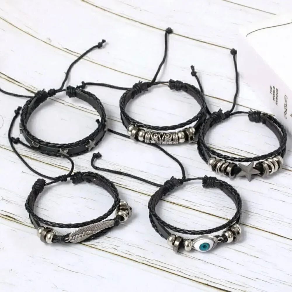 NWT Set Of 5 Black Leather Adjustable Braided Woven Bracelets Chrome Charms